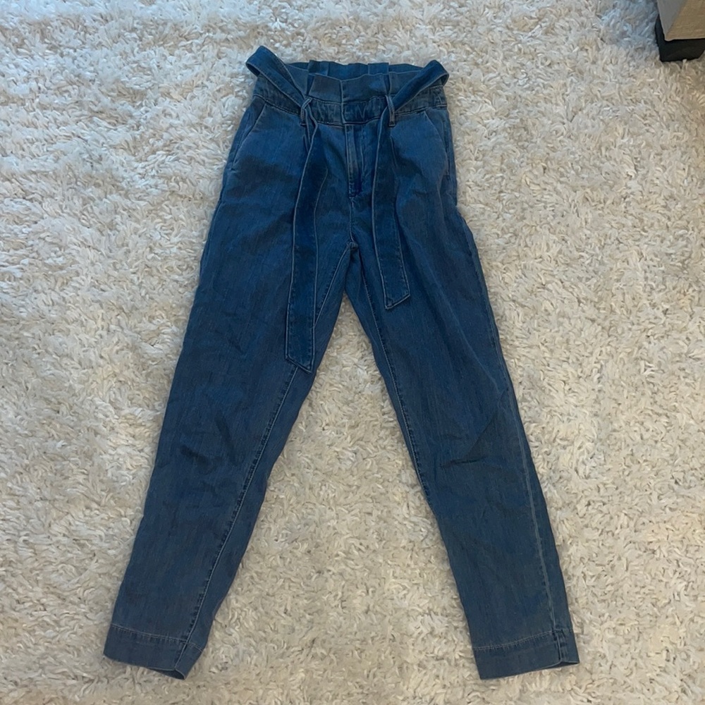 Size 0- extremely soft, denim, belted, super cute, straight leg jeans